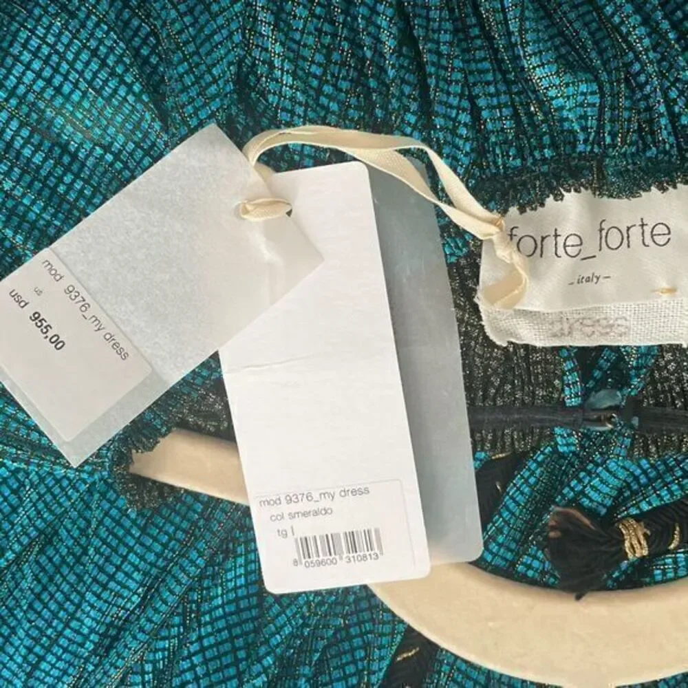 Forte Forte Kaftan Dress Pleated Lame Tulle Emerald Blue Metallic‎ Size 4 - Picture 11 of 16